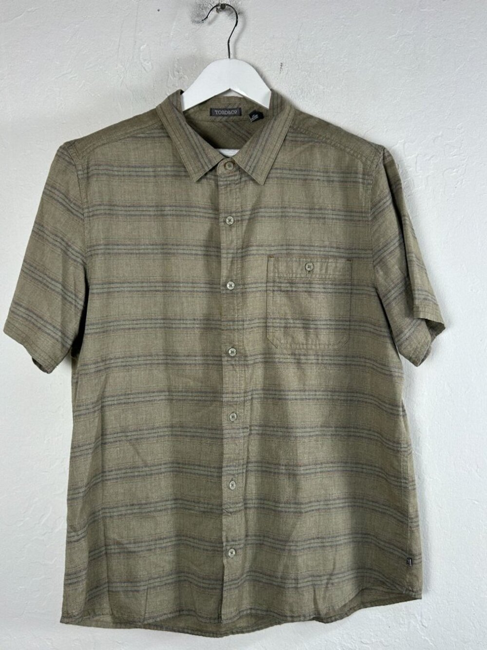 Toad&Co Mens Organic Cotton Striped Short Sleeve Button-Up Shirt Size Large Tan